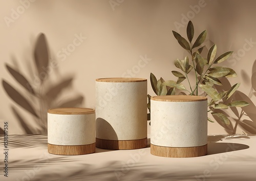 Three minimalist beige cylindrical pedestals with wooden edges against a light cream-colored wall, with shadows from plants. Vector illustration, 3D rendering.