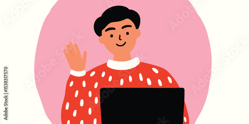 Young man with Laptop Wavin...