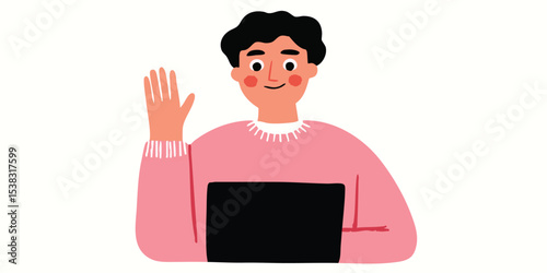 A person waving on laptop screen, with a friendly smile, the image captures connection. 