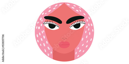 An expressive illustration of a stylized face with striking features, portraying a sense of contemplation or intensity. The circular composition, and flat.
