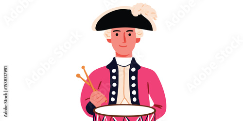 A well-dressed colonial drummer, captured in a charming illustration, enthusiastically strikes the drum with precision.