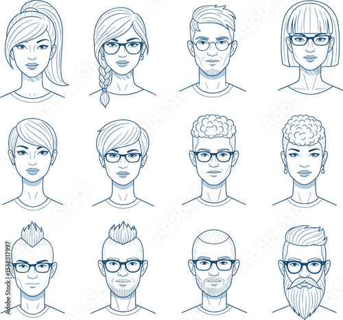 Hand drawn avatar set with trendy men and women faces, diverse hairstyles, glasses, fashion styles, hipster characters, vector illustration