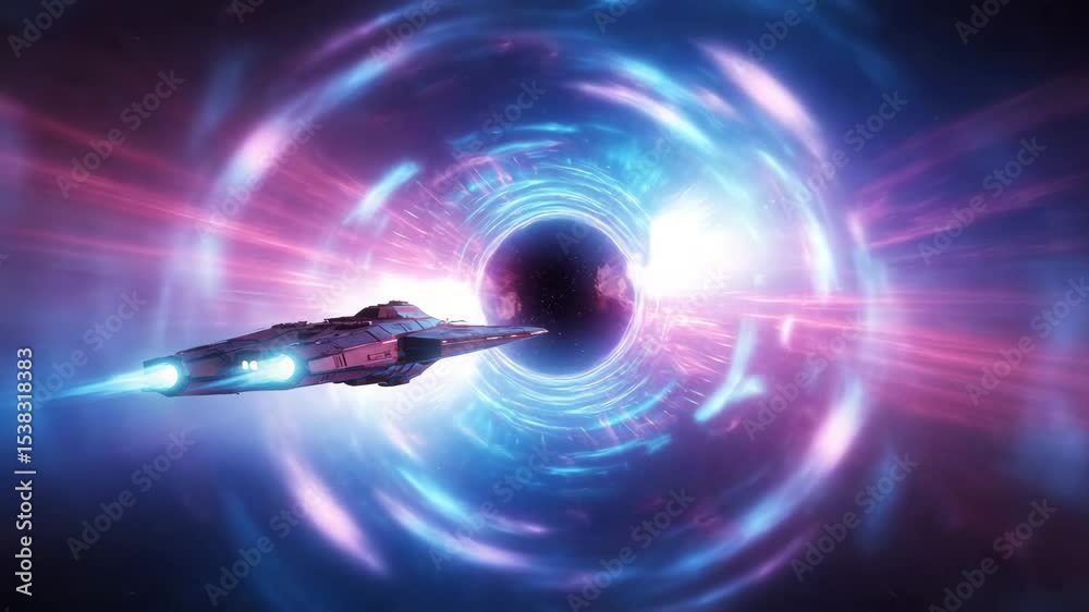 Futuristic spaceship traveling through glowing hyperspace tunnel  