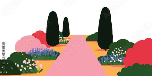 A whimsical illustration of a serene garden pathway, guiding the eye towards the vibrant blossoms. The vivid landscape captures the essence of tranquility and natural beauty.