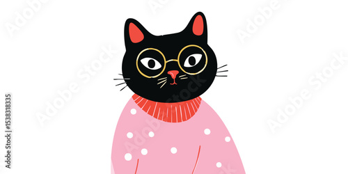 An adorable black cat wearing glasses and a pink sweater, exuding charm and intellectual curiosity. Capturing a delightful blend of feline elegance and studious personality.