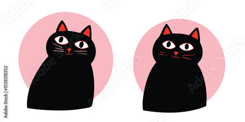 Two whimsical black cats sit in front of a blush pink background, full of playful charm and character. Designed to evoke smiles.