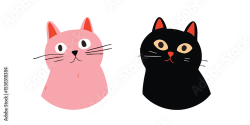 Two adorable, cartoon-style cats, a pink and a black one, each with distinct personalities, bring a playful, whimsical vibe. Capturing simple yet expressive charm.