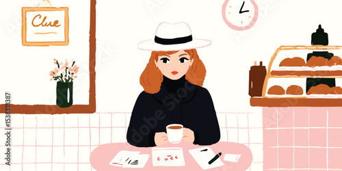 A stylish individual sips a warm beverage at a charming café, with a hint of mystery. Delicate flowers, pastries, and a vintage clock adorn the backdrop. The scene.