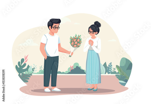 Young Asian Man Giving Flowers to Woman – Cartoon Vector Illustration