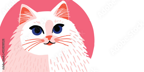 A charming illustration depicts a fluffy cat with bright blue eyes and a sweet, innocent expression, set against a soft pink backdrop. The cat's fur appears soft.
