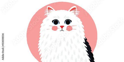 Adorable fluffy cat with half-black and half-white fur sits against a pink circle background.