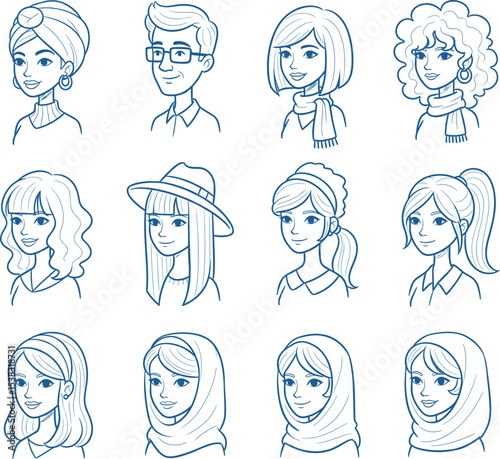 Hand-drawn avatar icons of diverse women with various hairstyles and accessories, female character illustrations for profile pictures, identity graphics and cultural diversity concepts