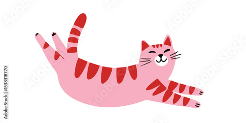 A playful cartoon cat stretches with joy, its cheerful expression and colorful design bring joy and warmth to any viewer.