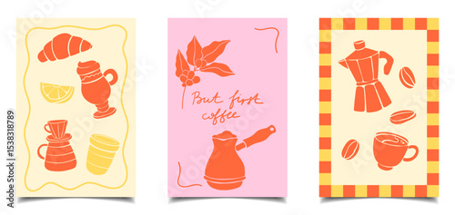 Set of vertical flat style coffee posters. Design for postcards, banners, menus, covers