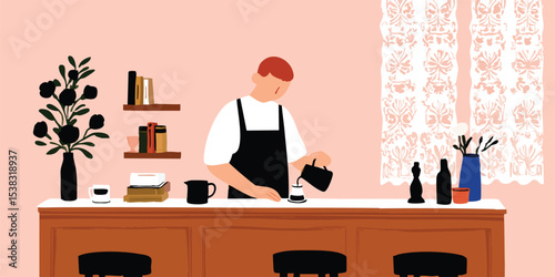 A barista expertly pours coffee, embodying the art of cafe life.