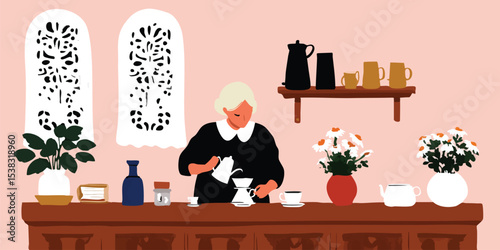 An experienced barista meticulously prepares a cup of coffee, surrounded by coffee-making equipment, conveying the essence of an artisan coffee house.