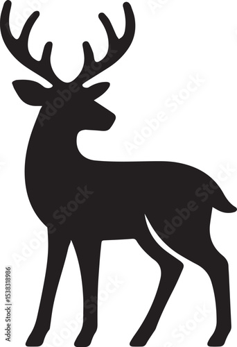 Standing Deer Silhouette with Antlers - Black Vector Icon