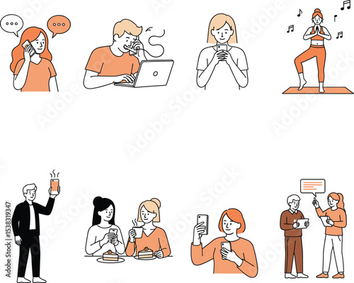 People using smartphones and social media in daily life, chatting, working, dining, exercising, and connecting online, modern communication lifestyle illustration set for technology concepts