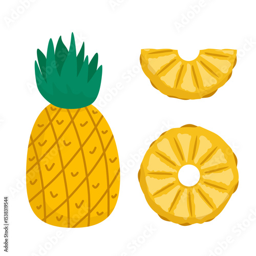 Pineapple Icon Set with Sliced Fruit Elements. Collection of whole and sliced pineapples drawn in a flat vector style, great for food illustrations, cards, or packaging design.
