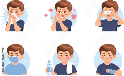 Illustration of sick boy showing symptoms, sneezing, virus, coughing, fever, wearing mask, drinking water, recovering, and using medicine concept for child health