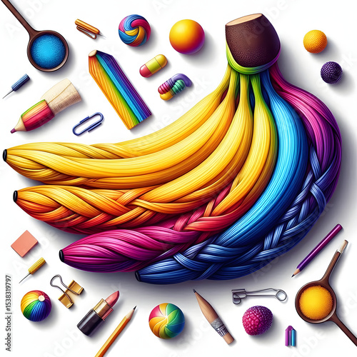 A vibrant array of colorful pencils, brushes, and balls creates an abstract background perfect for school, art, or office supplies photo