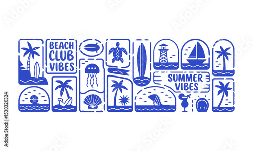 Vector illustration featuring a cohesive collection of beach and summer-themed icons,  jellyfish, palm trees, sailboats, lifeguard towers, seashells, beach cocktails, easily editable and scalable.