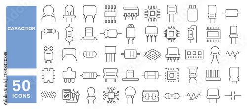 Set of 50 line icons related to capacitor, resistor, inductor, transistor, diodes, microchip, Editable stroke. Vector illustration