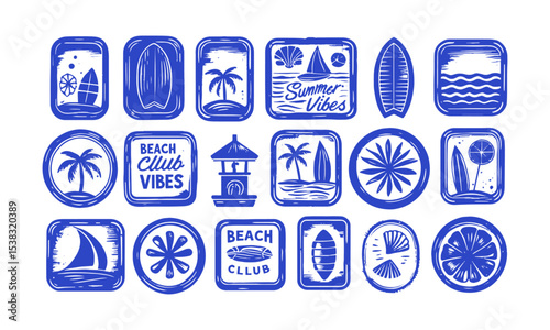 Vector illustration featuring a cohesive collection of beach and summer-themed icons,  jellyfish, palm trees, sailboats, lifeguard towers, seashells, beach cocktails, easily editable and scalable.