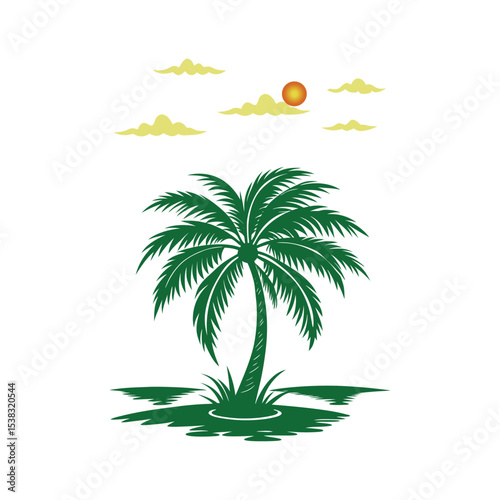 118 Vactor coconut tree and sun coconut tree illustration Vibes Graceful Coconut Palm Silhouette.Palm Trees and Sun Green