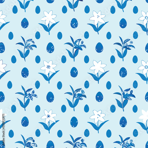 Blue easter floral pattern with eggs