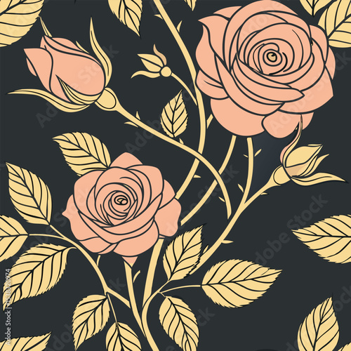 Elegant peach roses and gold leaves seamless pattern