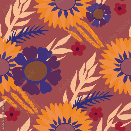 Autumn floral pattern with sunflowers and wheat
