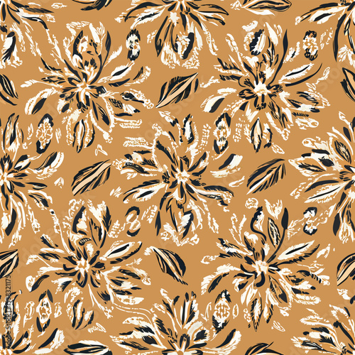 Abstract mustard yellow floral seamless pattern