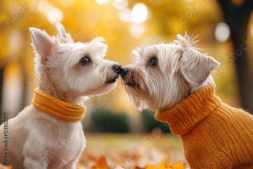 Two small dogs wearing orange turtleneck sweaters are touching noses amidst a beautiful backdrop of fall foliage, creating a heartwarming scene of canine affection