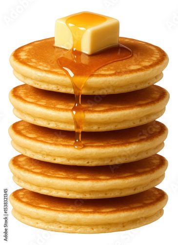 A stack of fluffy pancakes topped with a melting pat of butter and drizzled with golden syrup.