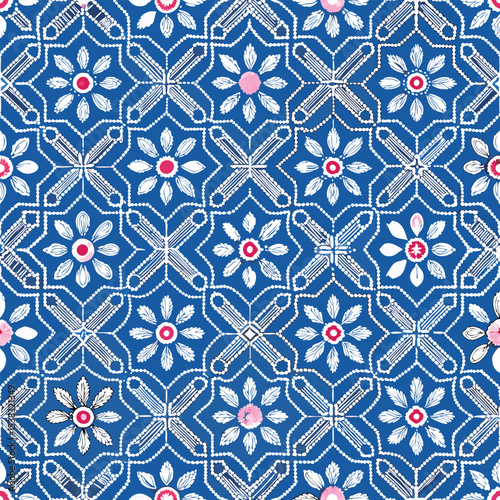Seamless blue floral pattern with geometric design