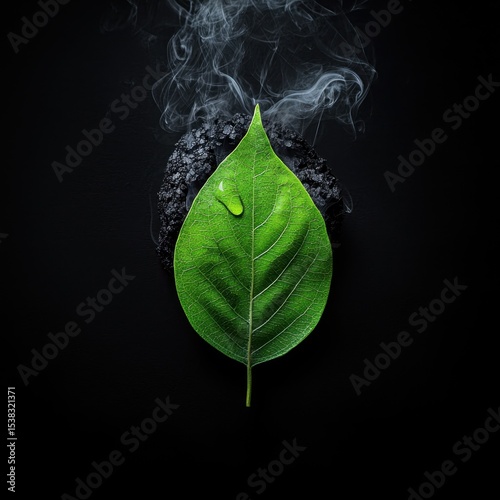 A vibrant green leaf with a water droplet rests on black charcoal, with gentle smoke rising in the dark background.