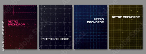 Vector illustration. Retro futuristic grid pattern with scratched texture background. Set of y2k style backdrops. Design elements for poster, cover, gift card, flyer, social media, marketing, ad