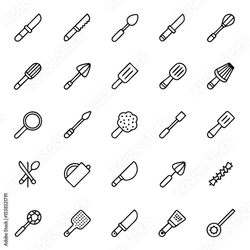 Black outline of assorted cooking and serving utensils are arranged in a grid pattern