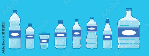 Set of plastic water bottles in various shapes and sizes, healthy blue drinking water packed in bottles, recyclable, and easy to store liquids.