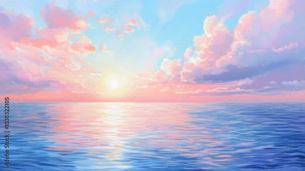 Obraz premium Serene sunset over calm ocean with pastel clouds reflecting on the water.