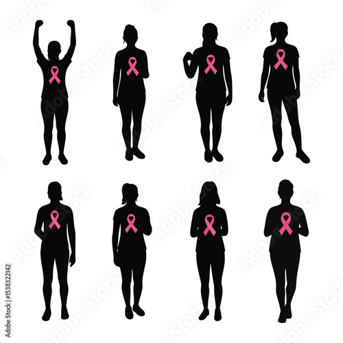 Breast Cancer Awareness Silhouette Vector Set – Women with Pink Ribbon in Supportive and Empowered Poses on White Background .