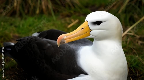 Close-up of a black-browed albatross resting in a grassy habitat with focus on its yellow beak and white plumage, showcasing wildlife portraiture.