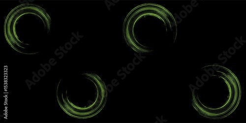 Halftone circular dots frame. Isolated circle dots texture on light green background. Dotted spray texture. Modern black and light green spiral circle sound wave vector logo abstract design element