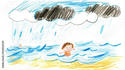 A child's drawing of a person in the ocean during a rainstorm with dark clouds above