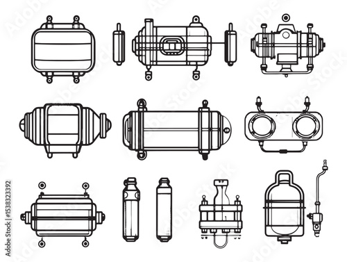 Pneumatic Cylinder Industrial Mechanism Line Art Vector Design 