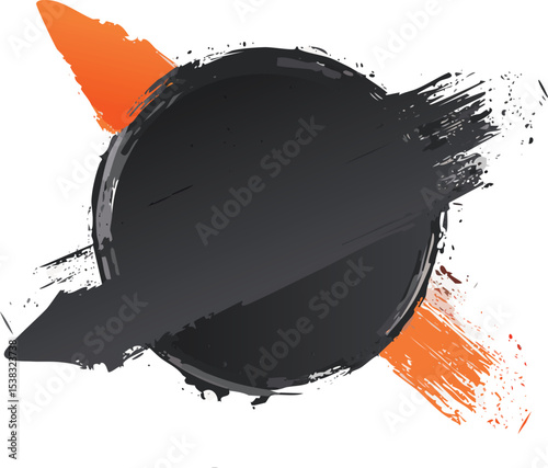 A bold, solid black circle is sharply bisected by two dynamic, diagonal brushstrokes that extend beyond its perimeter. The brushstrokes are textured, suggesting the use of a dry brush technique, with 