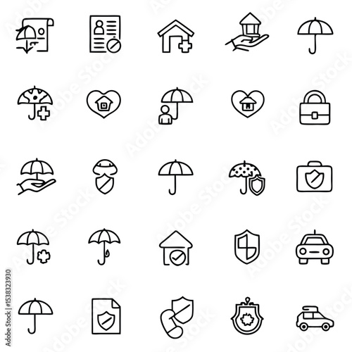 Line icons shows diverse insurance coverage, protection policies and secure financial services for individuals