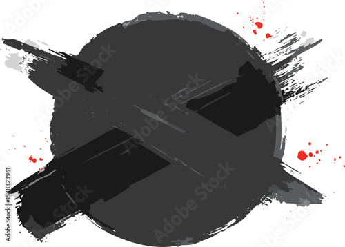 A bold, solid black circle is sharply bisected by two dynamic, diagonal brushstrokes that extend beyond its perimeter. The brushstrokes are textured, suggesting the use of a dry brush technique, with 