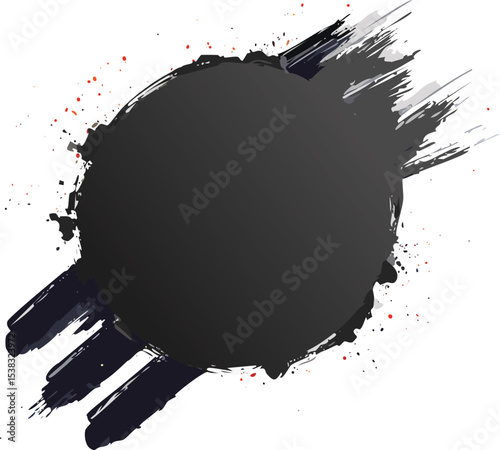 A bold, solid black circle is sharply bisected by two dynamic, diagonal brushstrokes that extend beyond its perimeter. The brushstrokes are textured, suggesting the use of a dry brush technique, with 